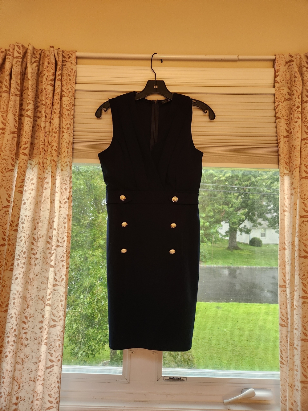 Classic Navy Sleeveless Sheath Dress with Gold Buttons